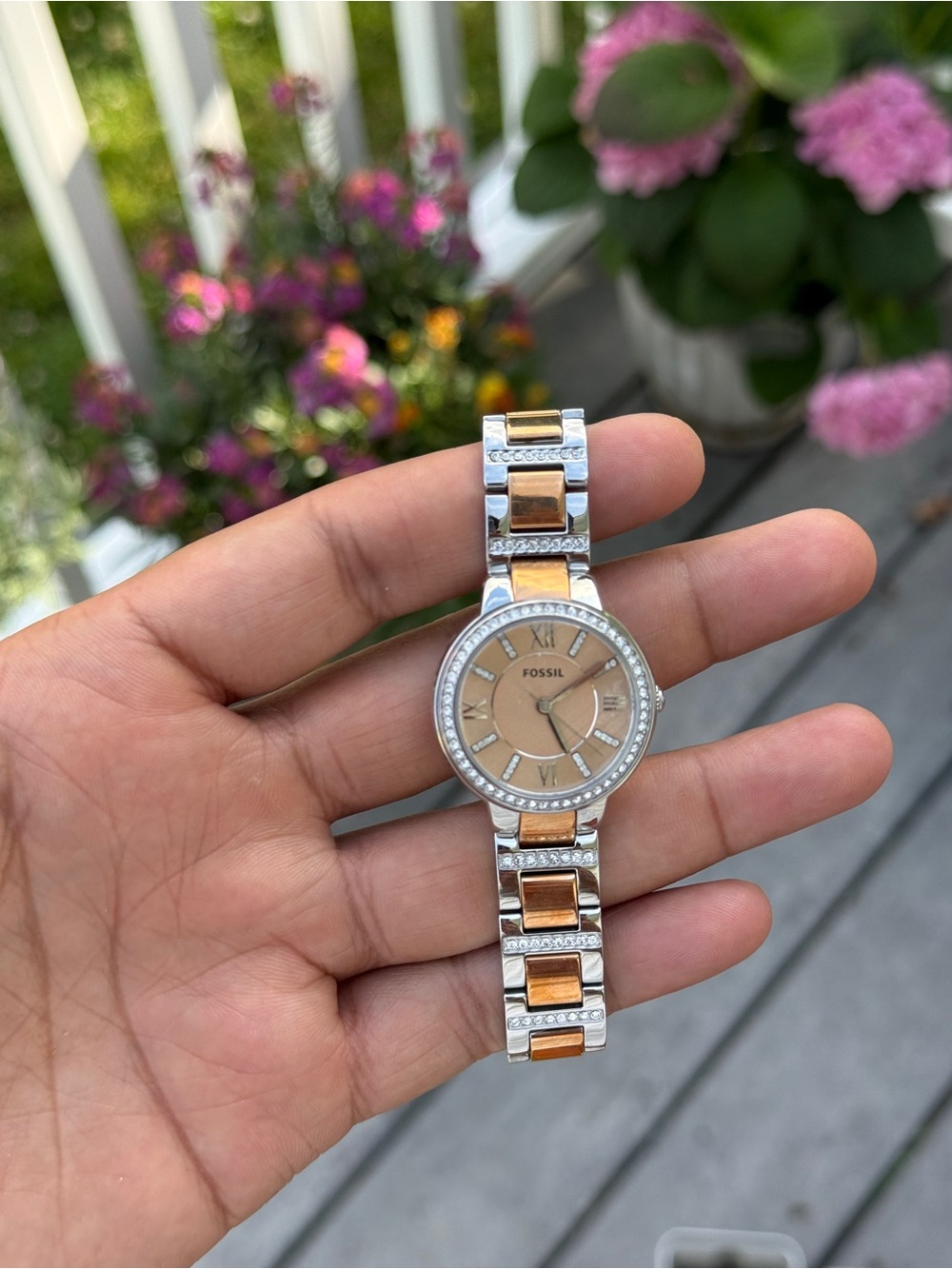 Fossil Two-Tone Rose Gold and Silver Crystal Bracelet Watch Womens - Picture 5 of 11